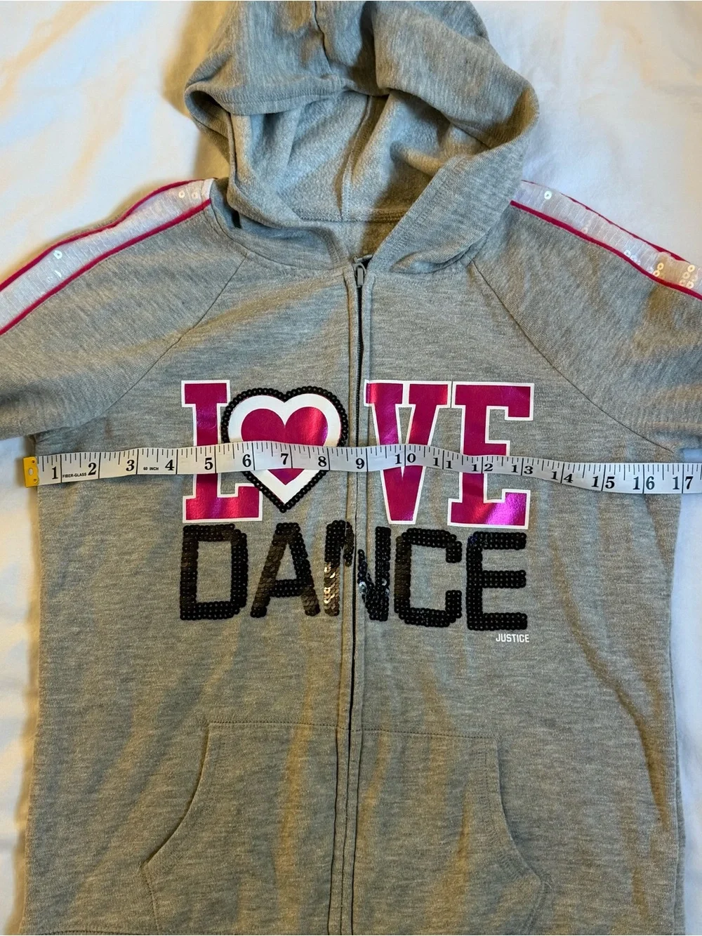 2013 Justice zip up hoodie with pink and black 'LOVE DANCE' graphic size 12